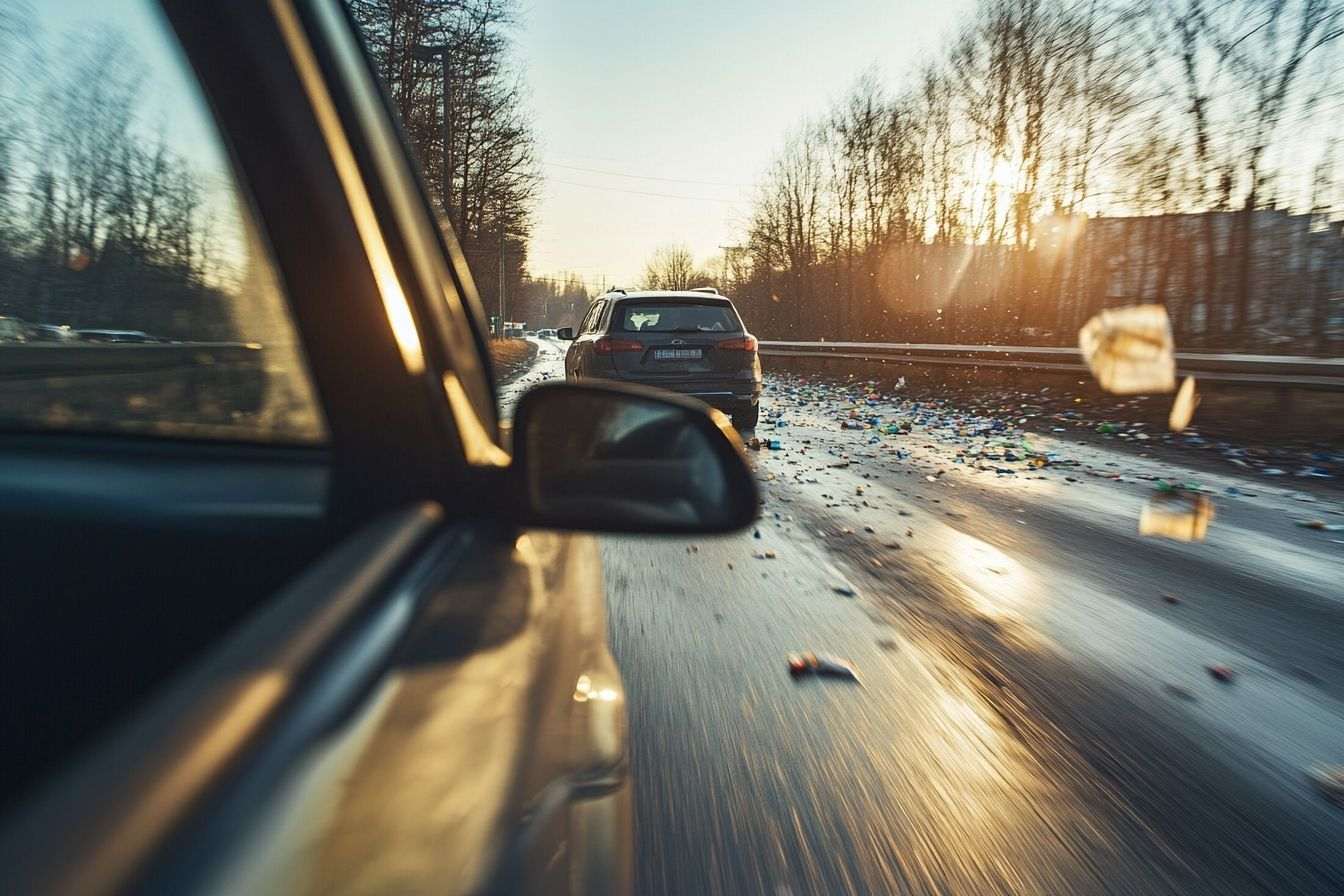 Un véhicule circule sur une route tandis que des déchets sont jetés négligemment par la fenêtre.