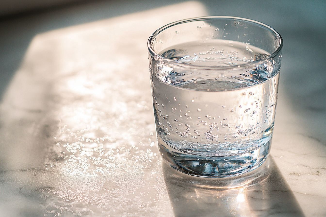 Verre d eau sur comptoir en marbre