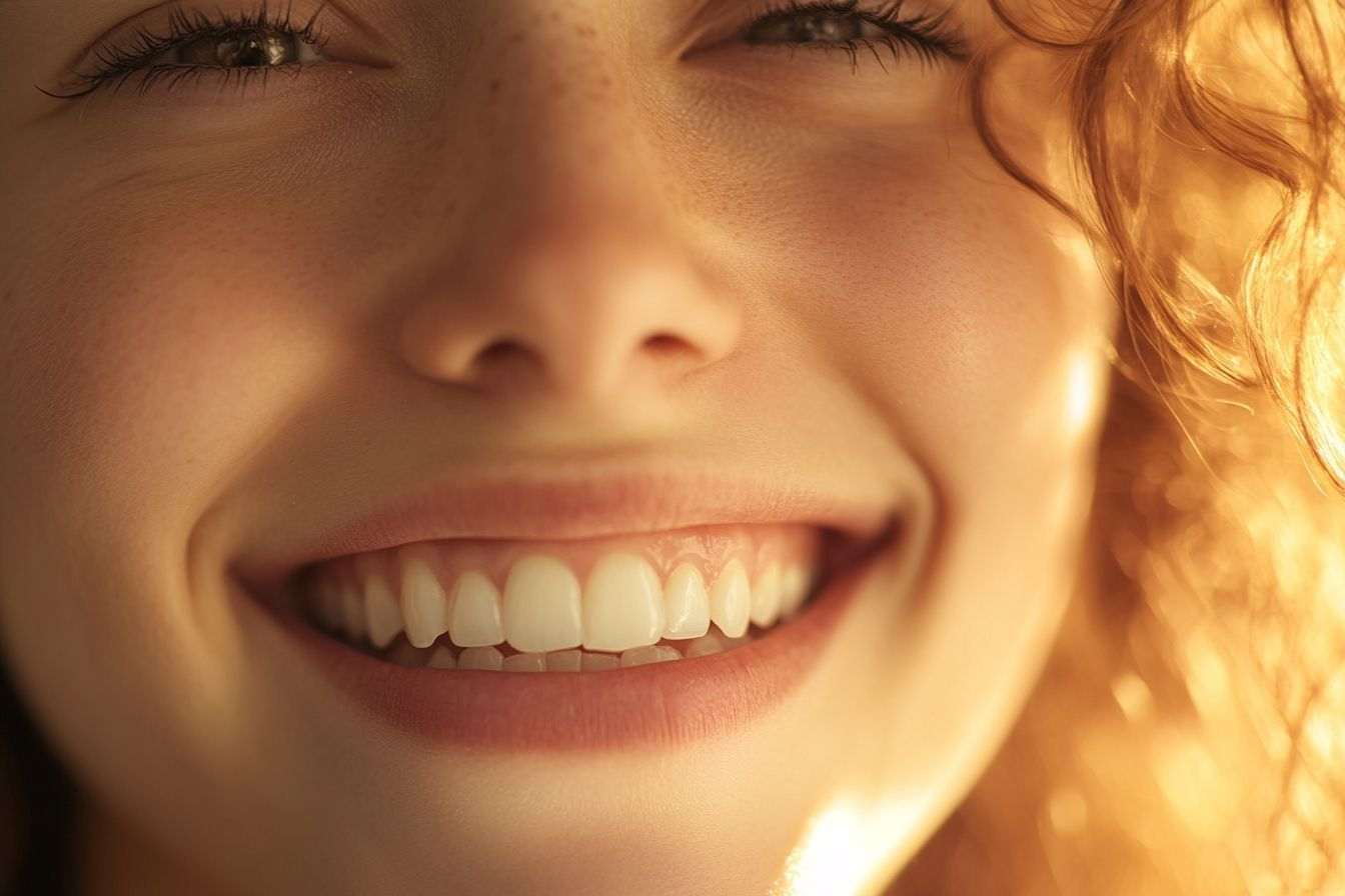 Photo en gros plan d'un visage souriant illuminé par la lumière solaire avec des dents blanches et des yeux pétillants.