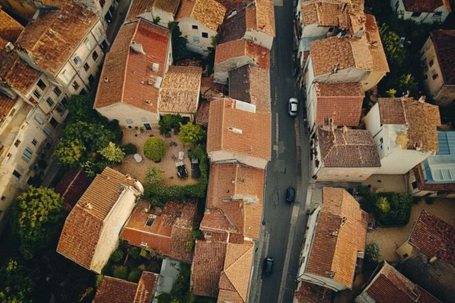 Une vue aérienne d'une commune française animée, mettant en valeur son architecture unique et sa disposition.