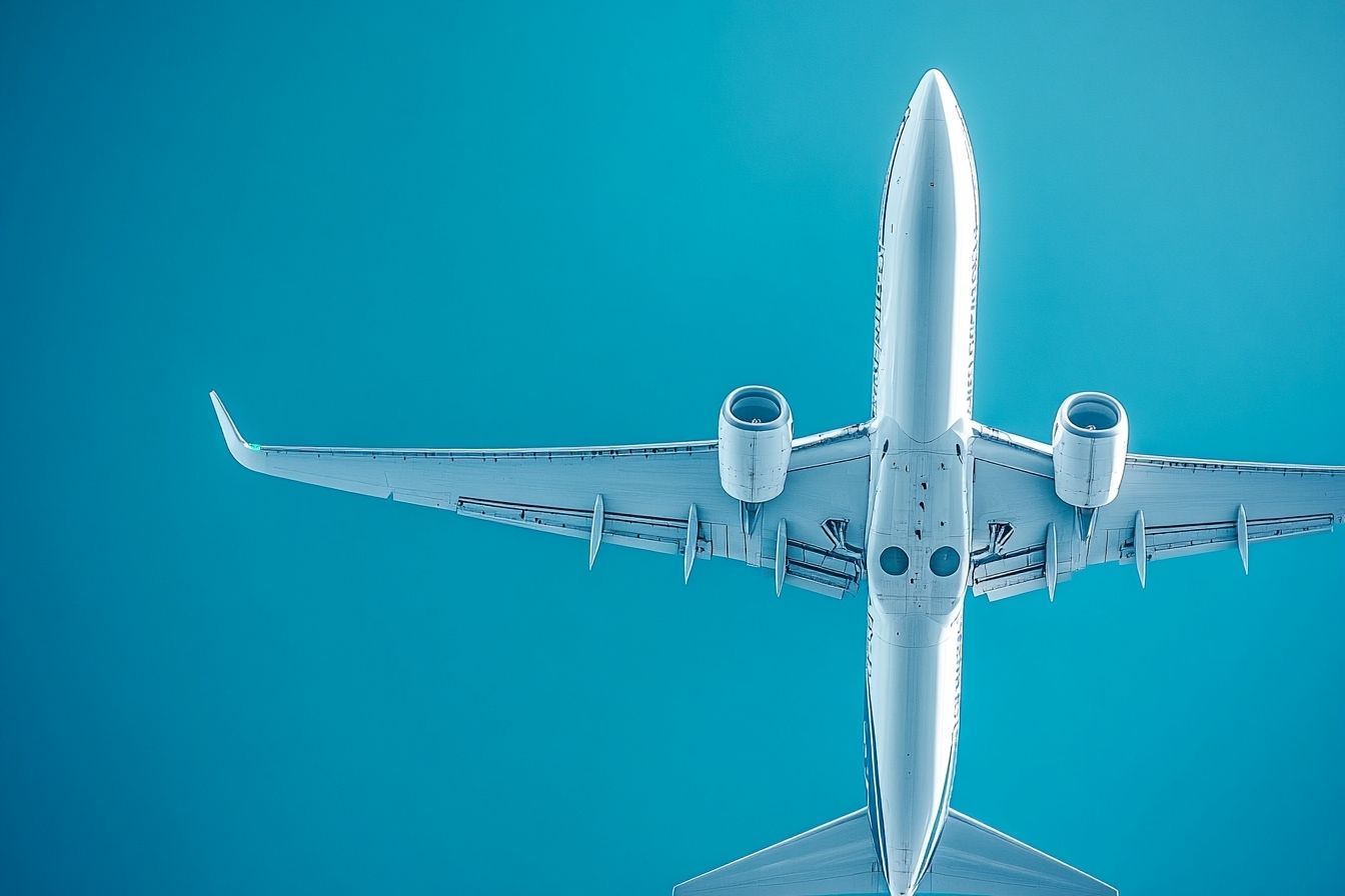 Image aérienne d'un avion Boeing traversant un ciel bleu clair, mettant en valeur la position de la turbine sur l'aile.