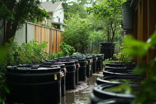Plan large des collecteurs d'eau de pluie disposés dans un jardin, mettant en avant un design paysager écologique.