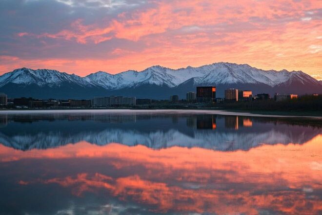 Une vue panoramique d'Anchorage en Alaska, où les montagnes se parent des couleurs vibrantes d'un coucher de soleil se reflétant sur l'eau.