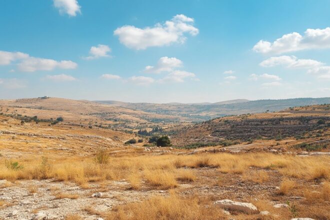 Une vue panoramique des collines ondulantes en Cisjordanie sous un ciel bleu éclatant