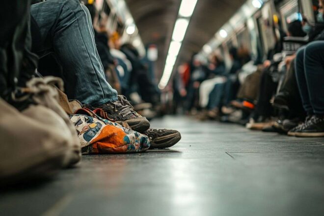 Accessoires mode au sol du métro parisien encombré
