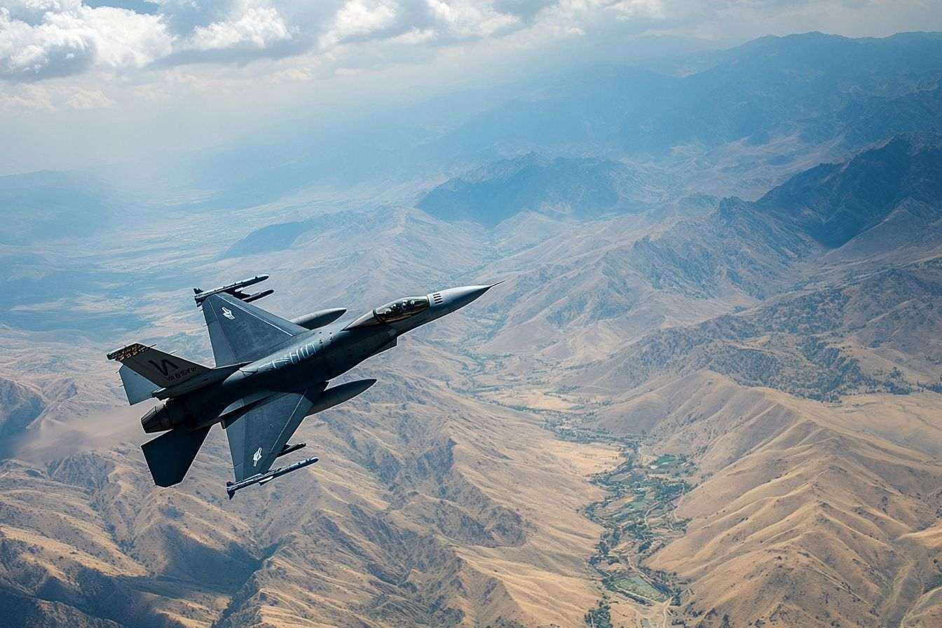 Avion de chasse survolant un paysage pittoresque