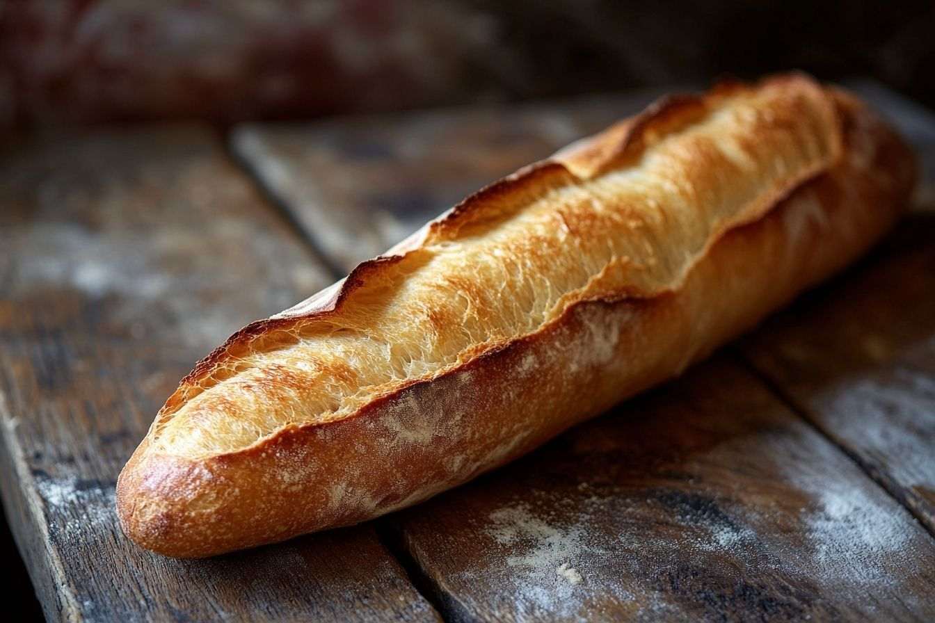 Baguette fraîche sur table rustique