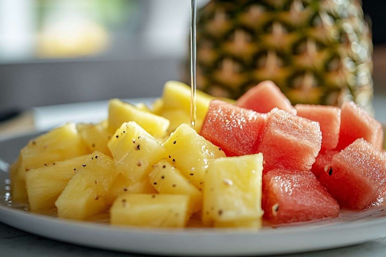 Closeup de morceaux de pastèque et d ananas sous un filet de jus de citron