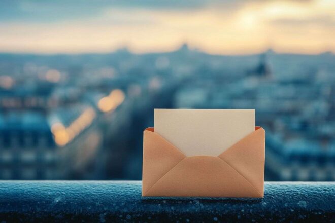 Enveloppe ouverte avec lettre et arrière plan flou de ville française