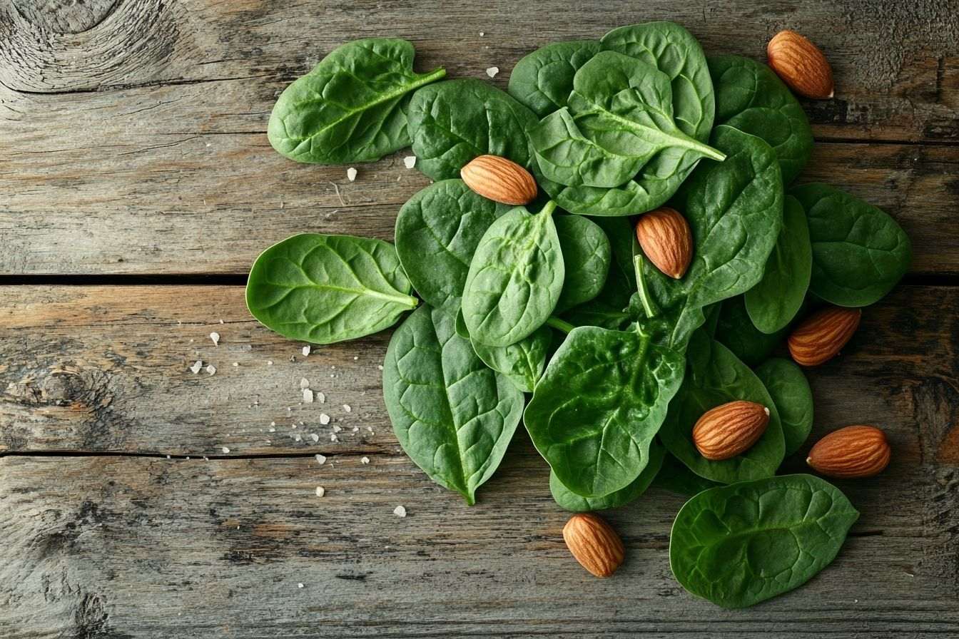 Feuilles d épinards fraîches et amandes sur table rustique