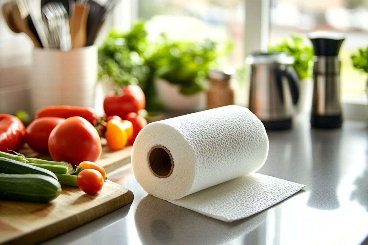 Gros plan d un rouleau absorbant sur un plan de travail de cuisine
