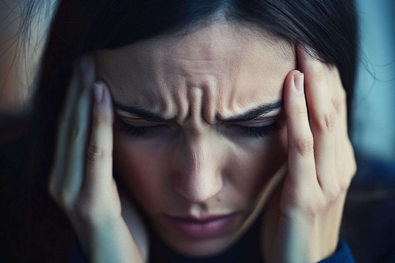 Gros plan d une personne se tenant la tête, exprimant une gêne avec une expression douloureuse.