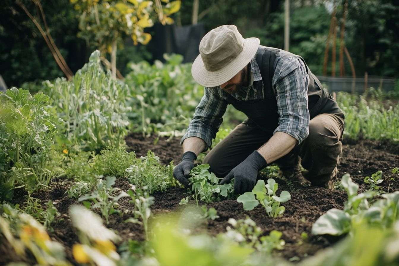 Jardinier au travail dans un potager