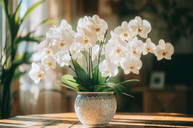 Orchidees elegantes dans un vase decoratif