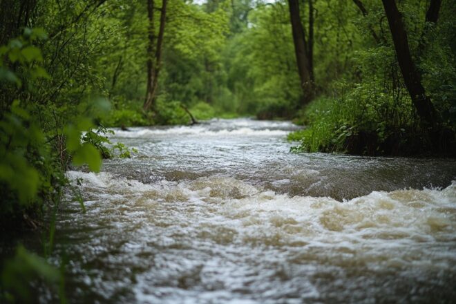 Paysage serein avec rivière débordante