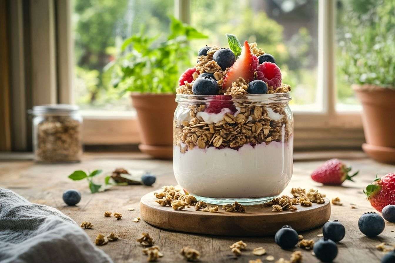 Petit déjeuner sain avec skyr, granola et fruits