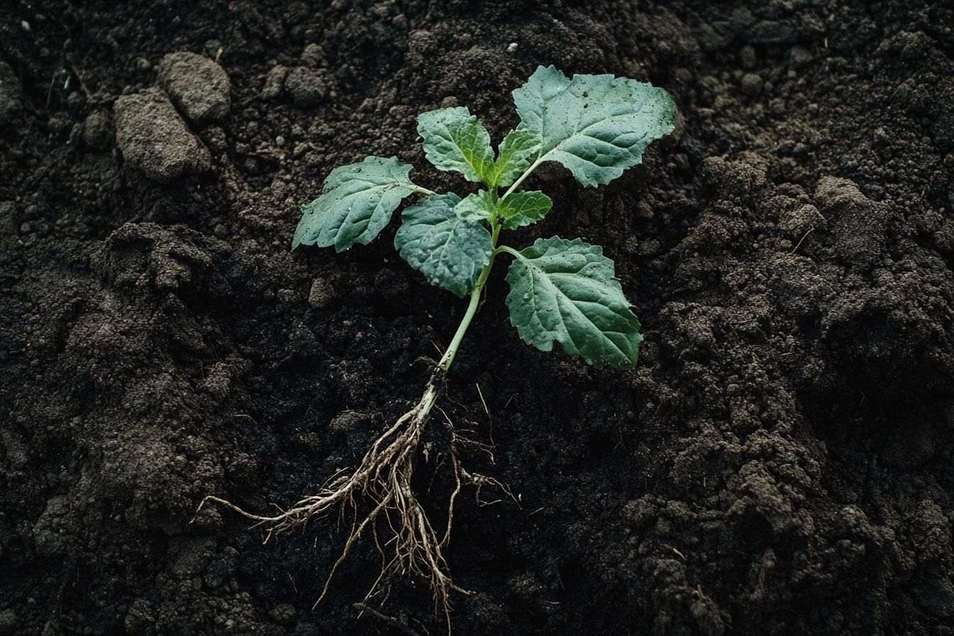 Plante fraîchement déracinée sur sol riche et sombre