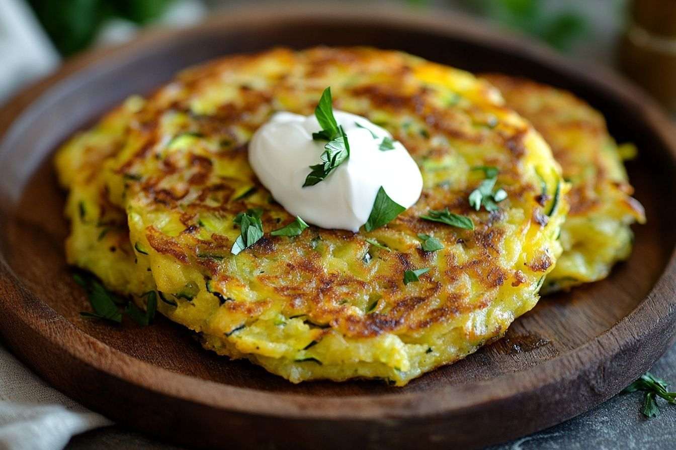 Rösti de courgettes dorées avec herbes fraîches et crème aigre