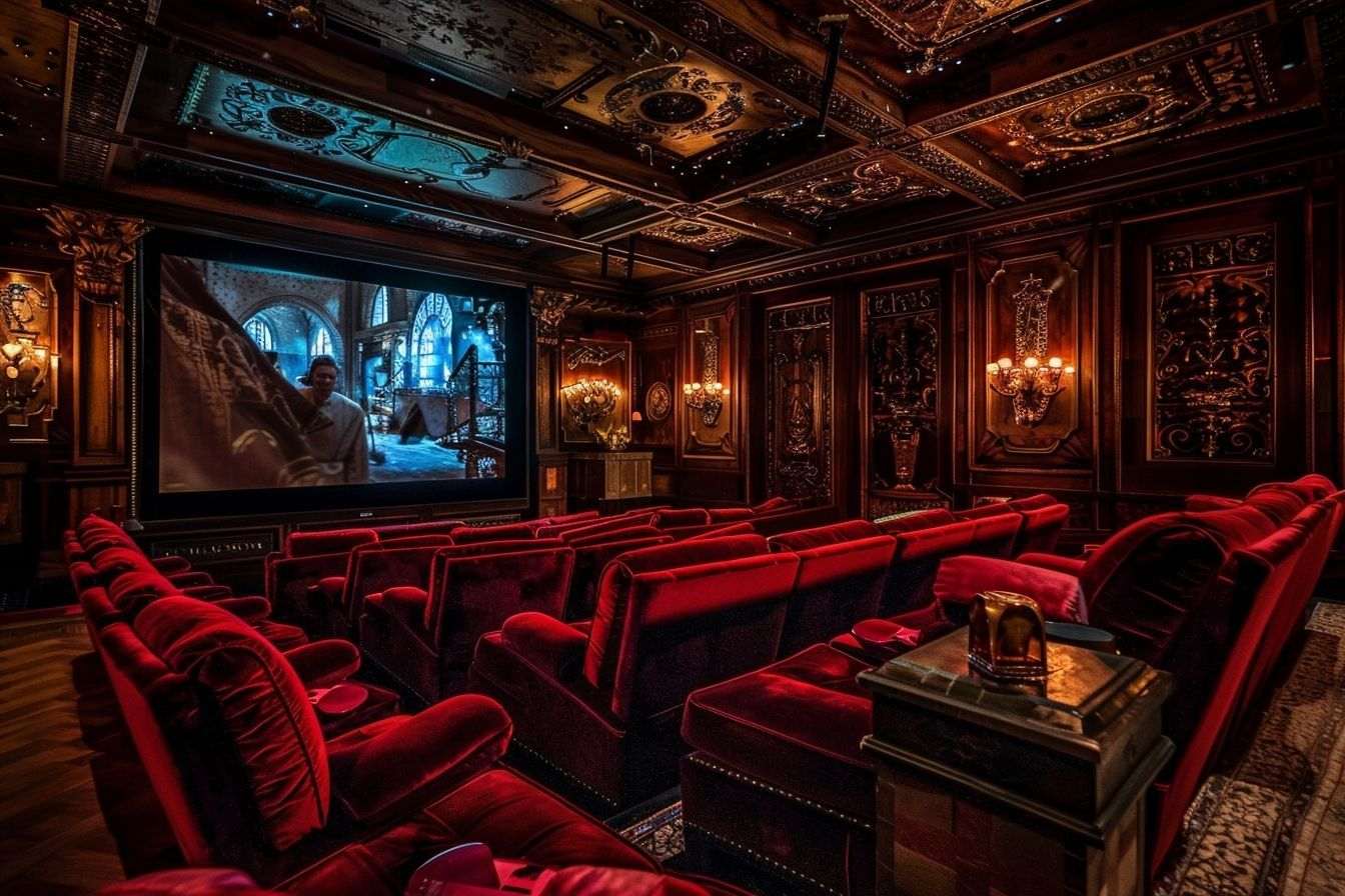 Salle de cinéma tamisée avec sièges en velours rouges