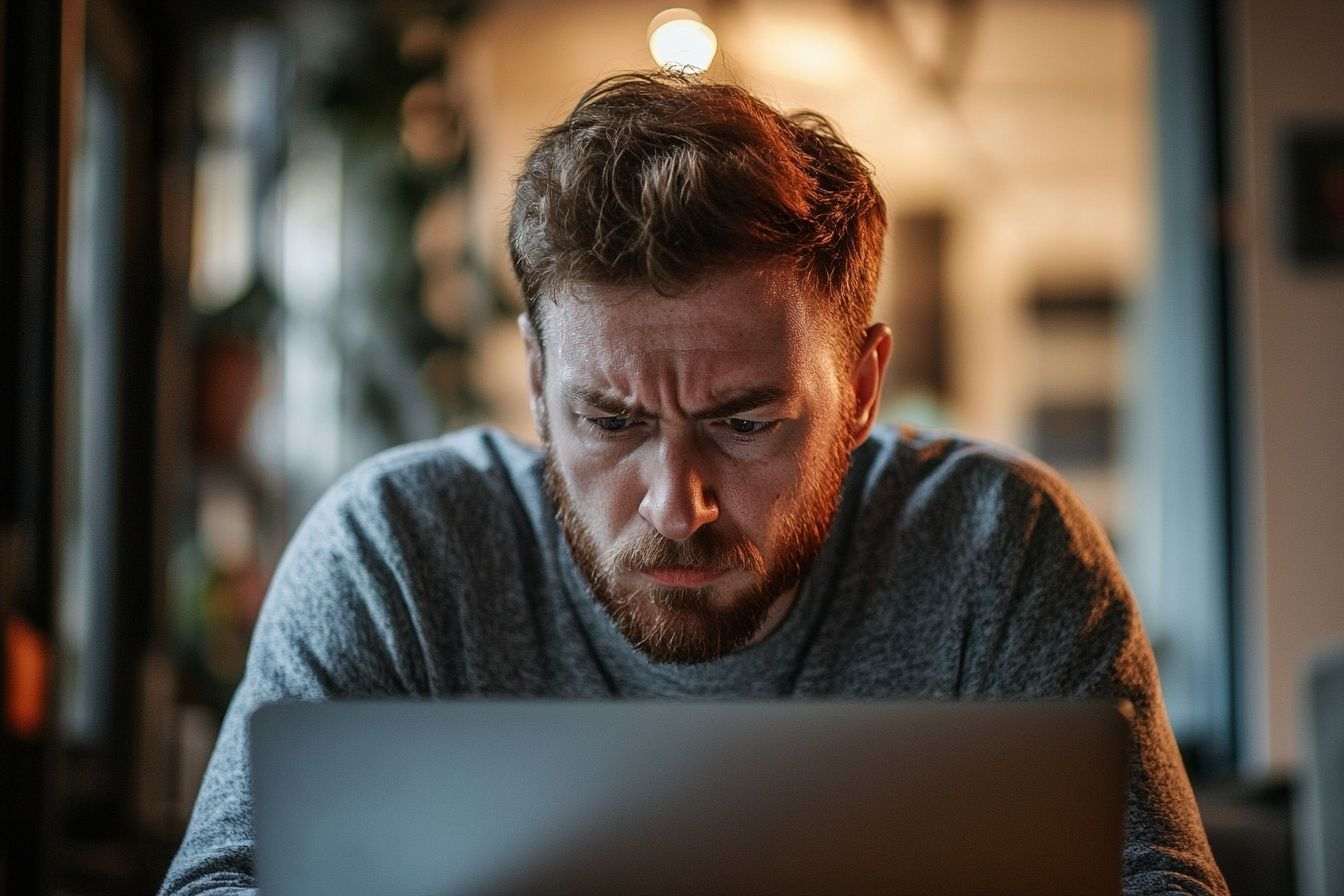 Visage d homme concentré et irrité devant un ordinateur portable