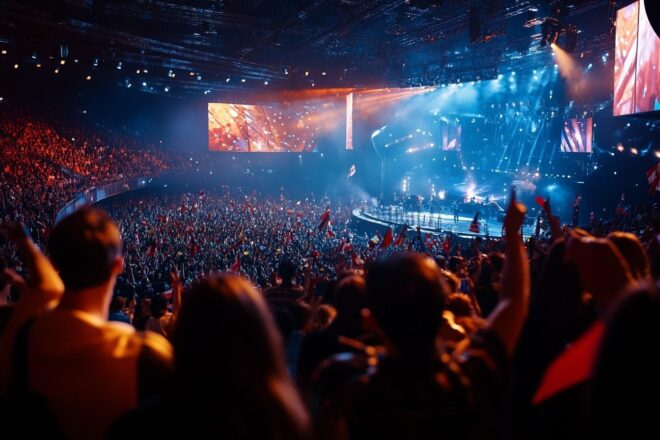 Vue aérienne dramatique sur la salle eurovision remplie de fans enthousiastes