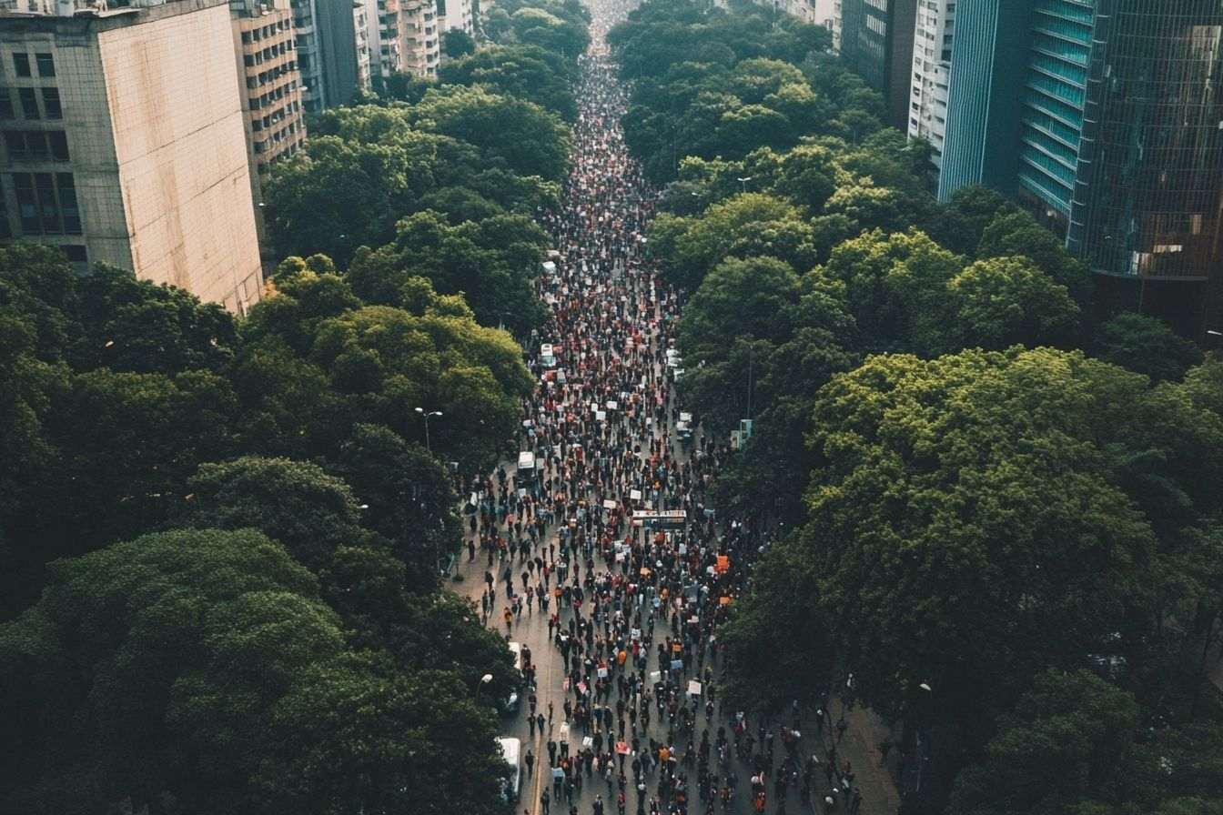 Vue aérienne d une rue animée avec des manifestants