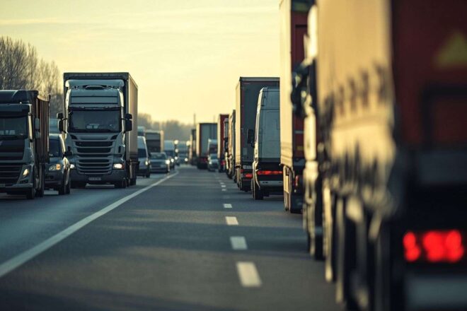 Vue large d une autoroute française animée avec des camions en file pour inspection