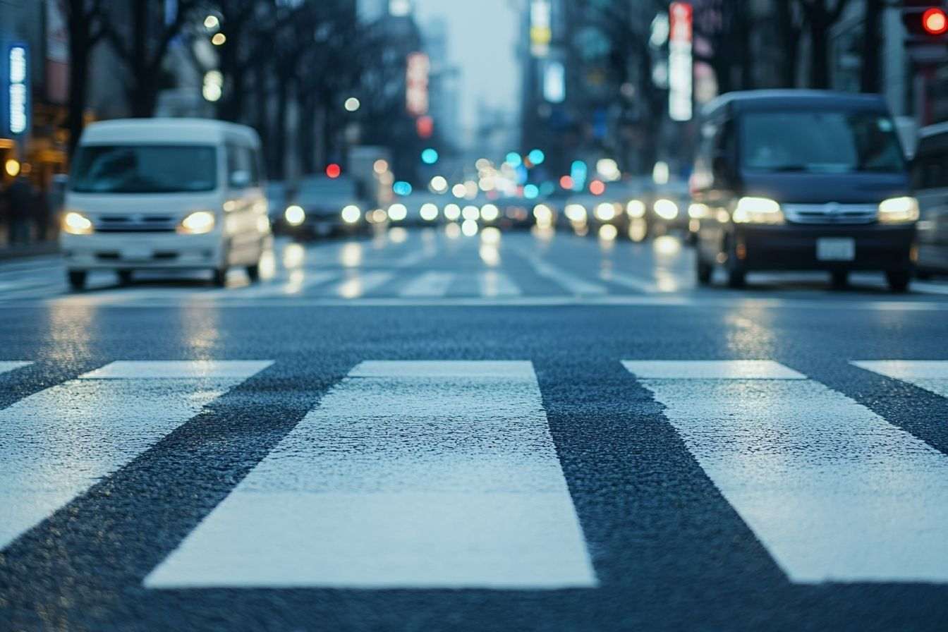 Vue large sur une route animée avec un passage piéton en milieu urbain