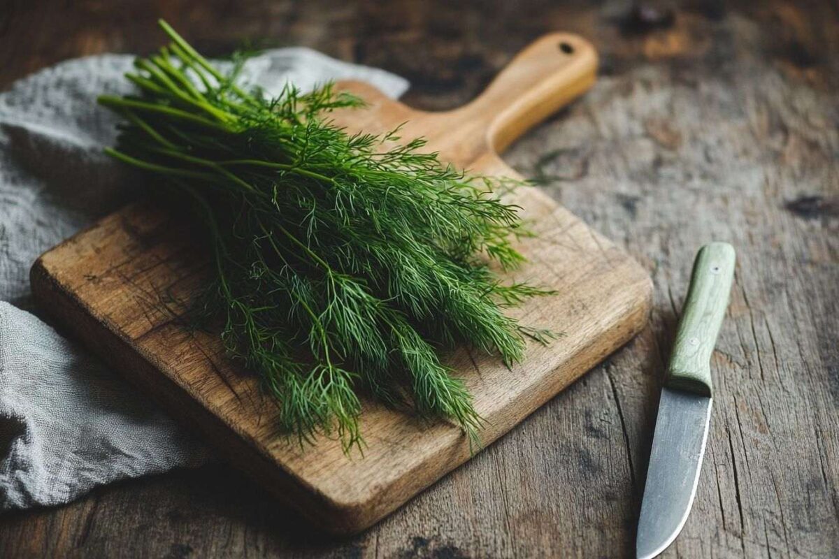 Brins de fenouil sur planche en bois rustique