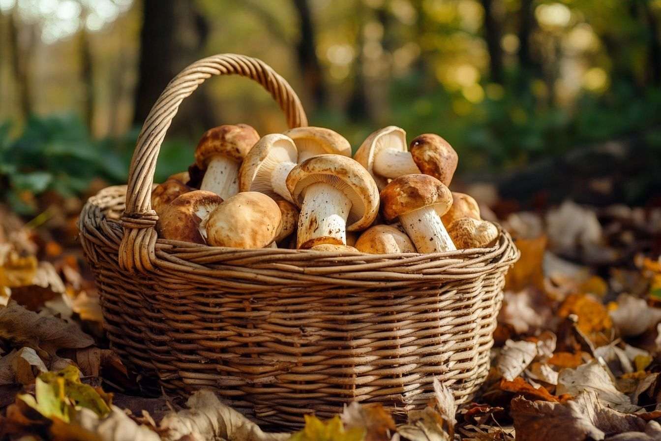 Gros plan d un panier tissé rempli de cèpes fraîchement cueillis