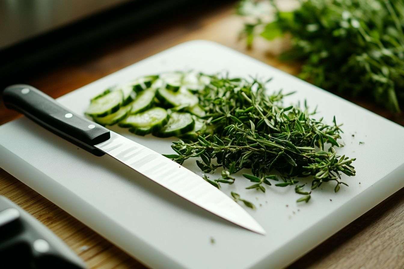 Planche en plastique avec couteau et herbes fraîches pour cuisine