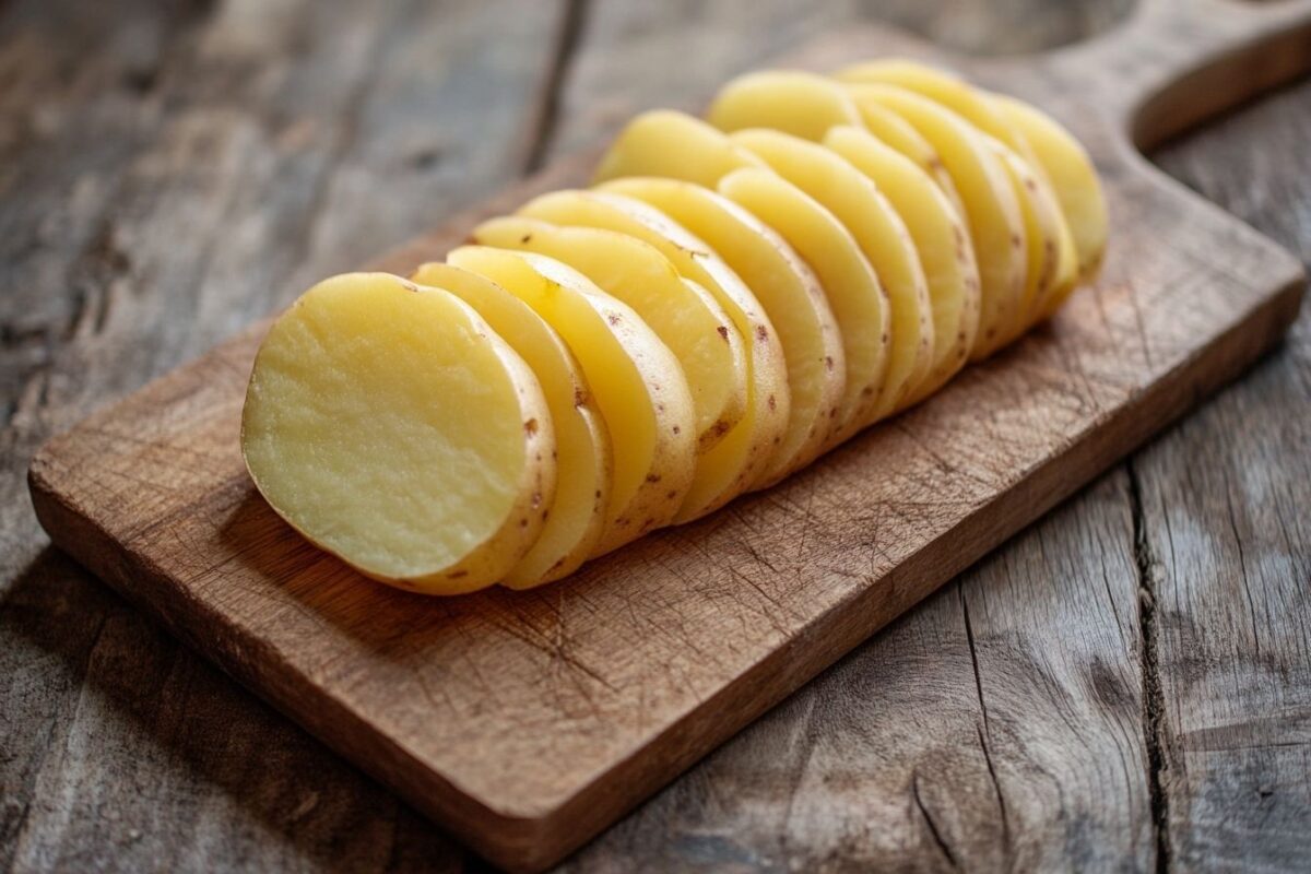 Pommes de terre tranchées sur planche