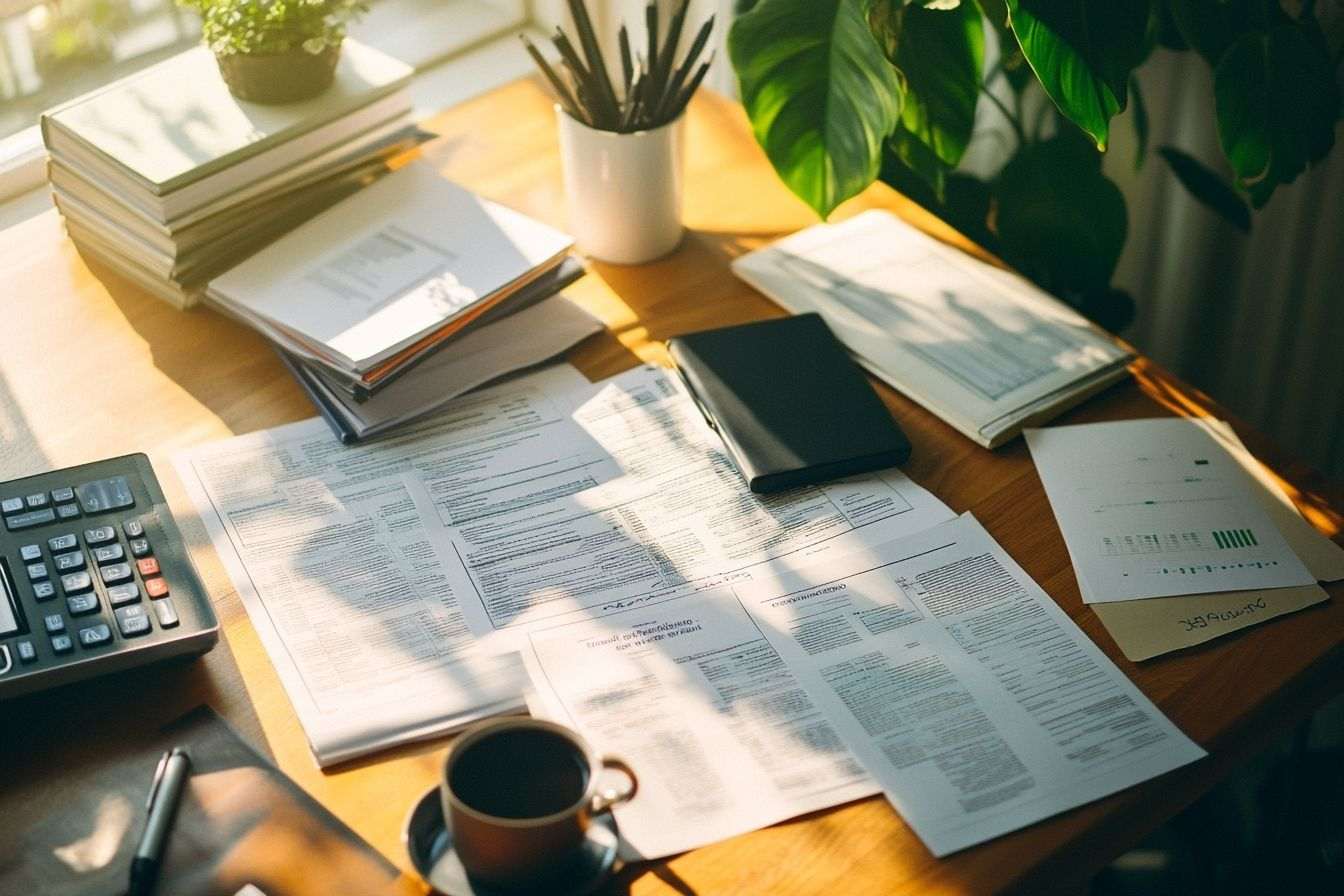 Vue aérienne d un espace de travail avec documents fiscaux et livres financiers