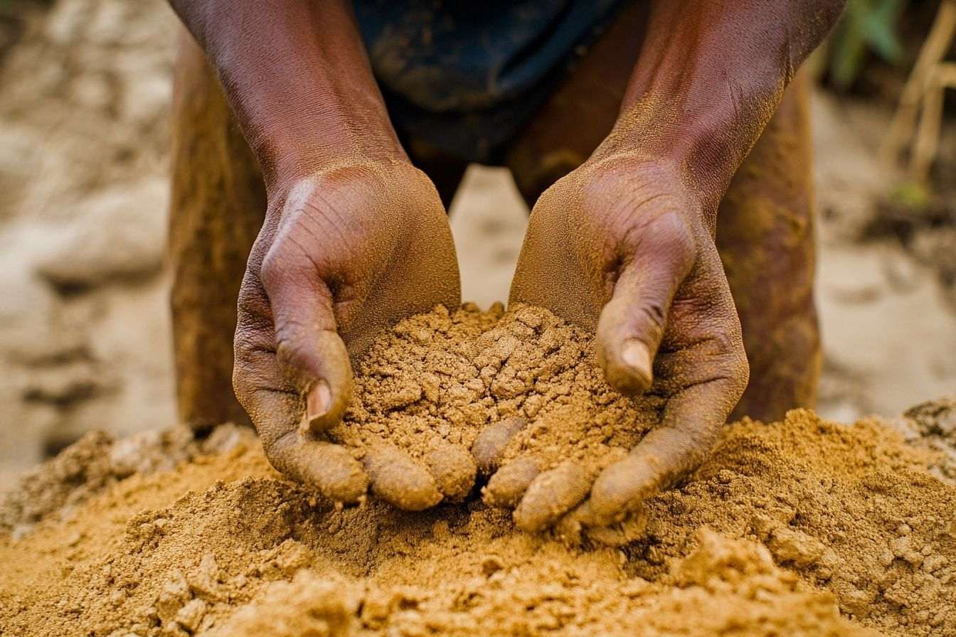 Mains d un mineur tamisant du sable doré en guyane