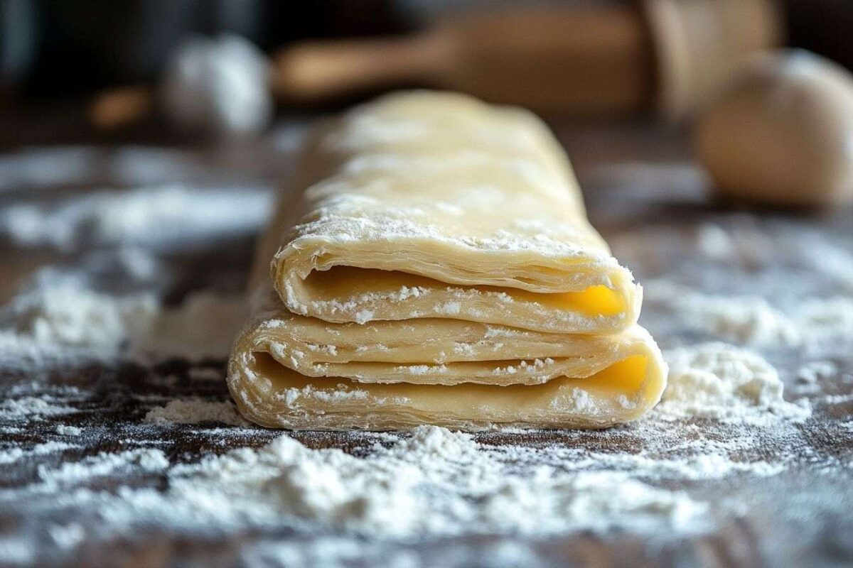 Pâte feuilletée crue sur surface farinée