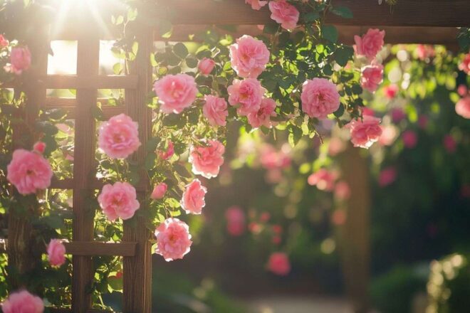 Roses grimpantes sur treillis en bois rustique