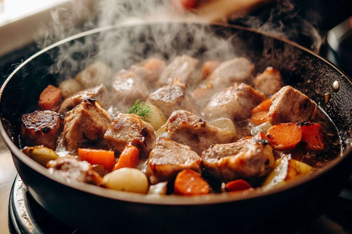 Tendres morceaux de viande et légumes cuisant ensemble
