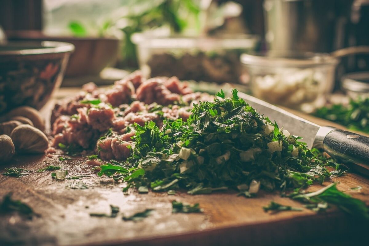 Herbes fraîchement coupées avec veau et châtaignes