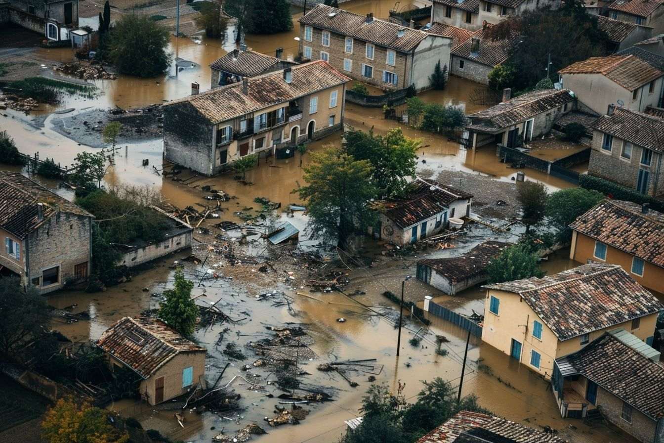 Vue aérienne d un village inondé en france