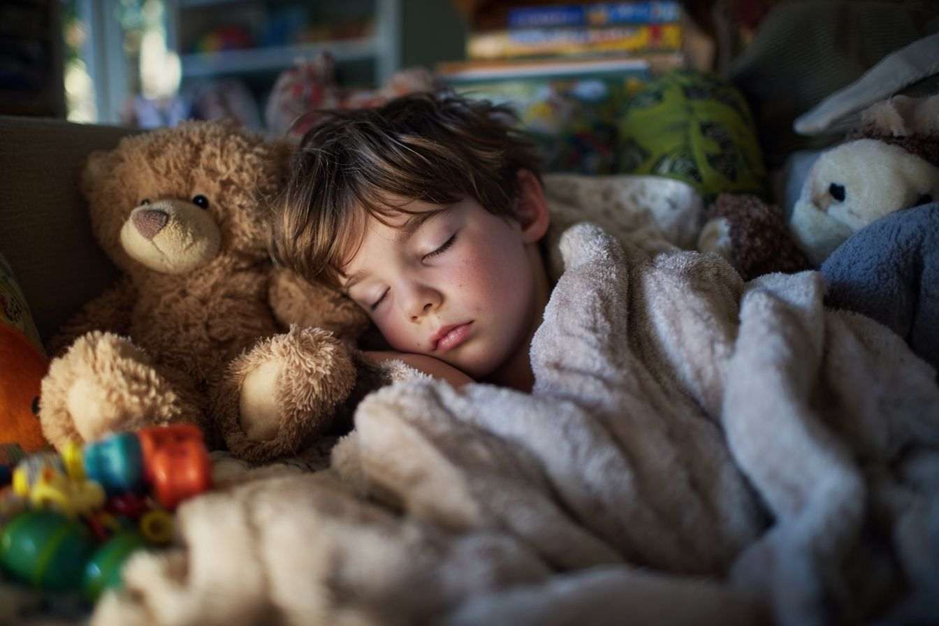 Enfant endormi avec des jouets