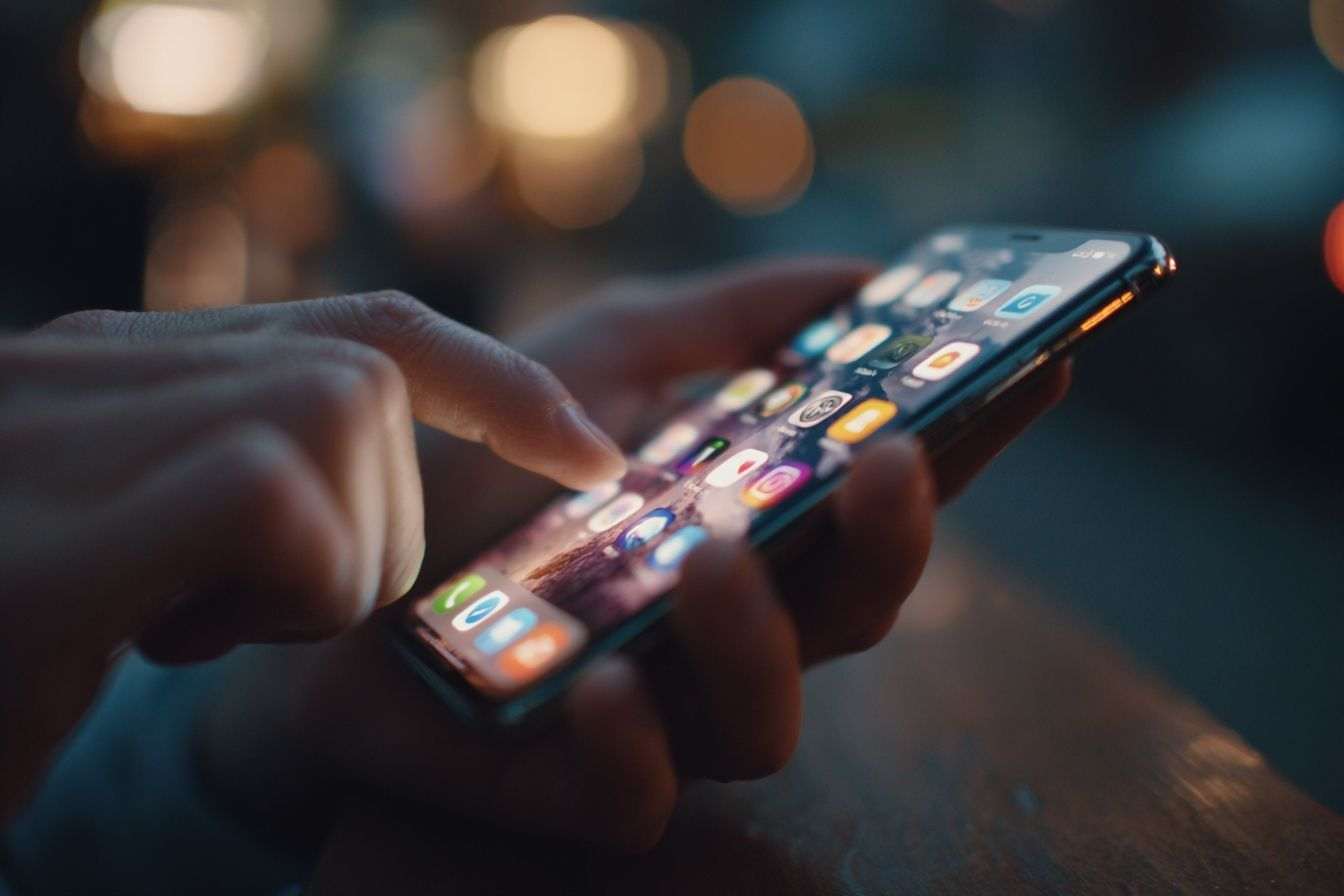 Gros plan de mains sur application de médias sociaux