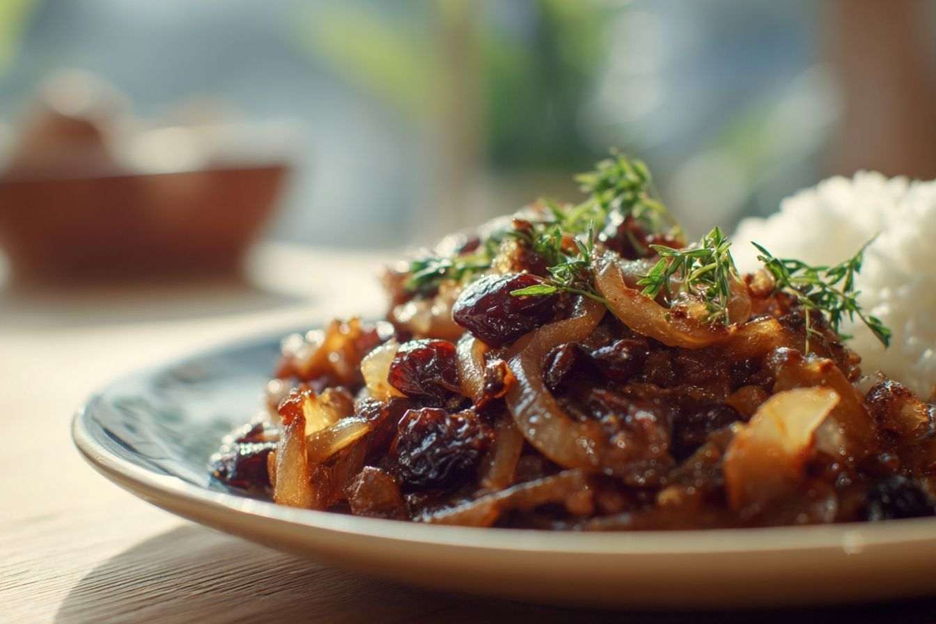 Assiette de tfaya magnifiquement disposée avec oignons caramélisés et raisins