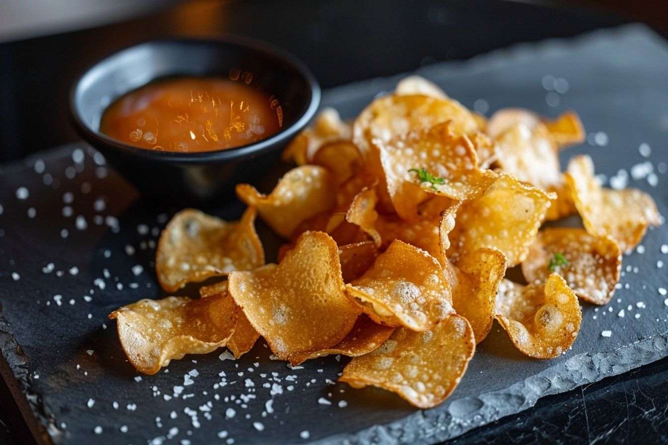 Chips au vinaigre croustillantes sur un plateau ardoise