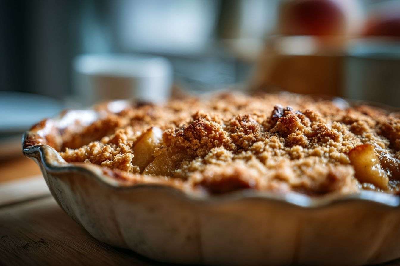 Close up d un crumble aux poires doré et chaud