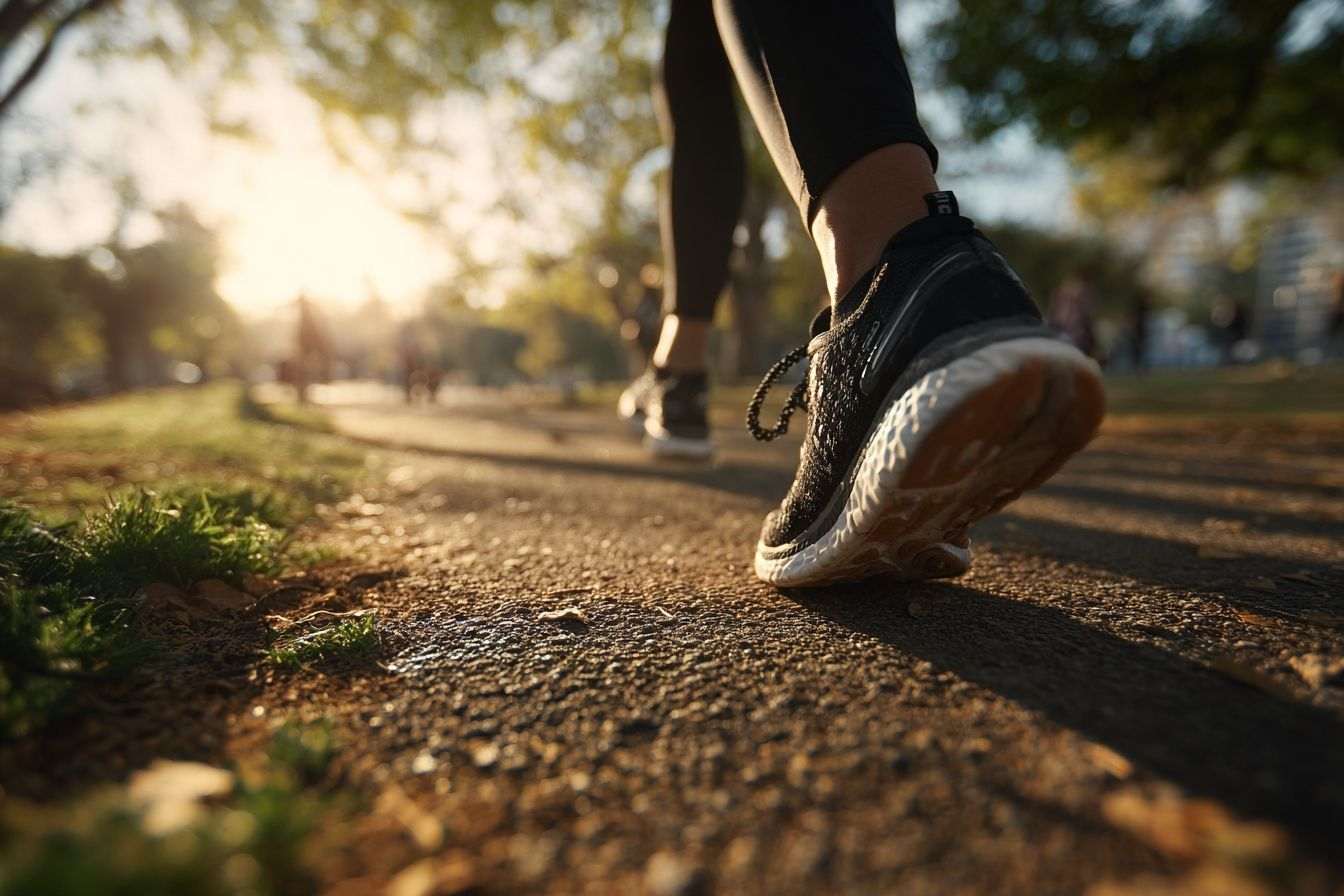 Gros plan des chaussures de course sur un chemin bien entretenu