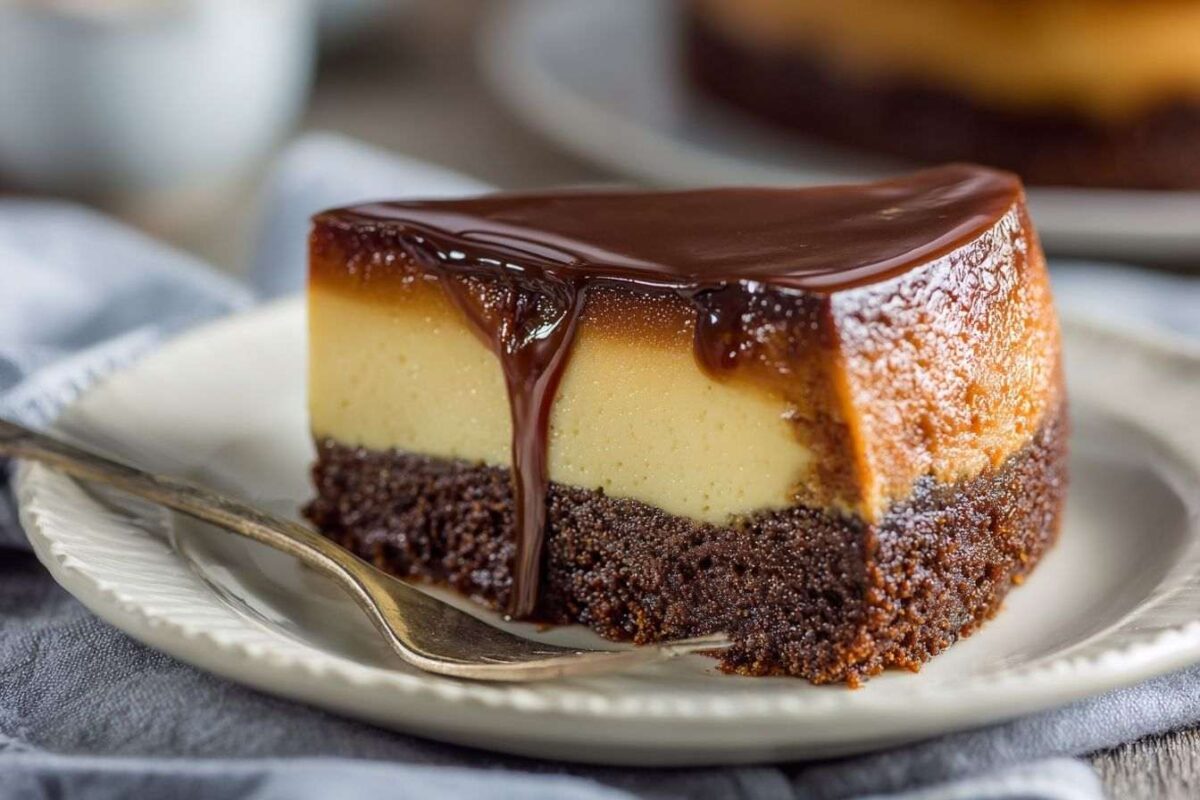 Gros plan d un chocoflan magnifiquement superposé