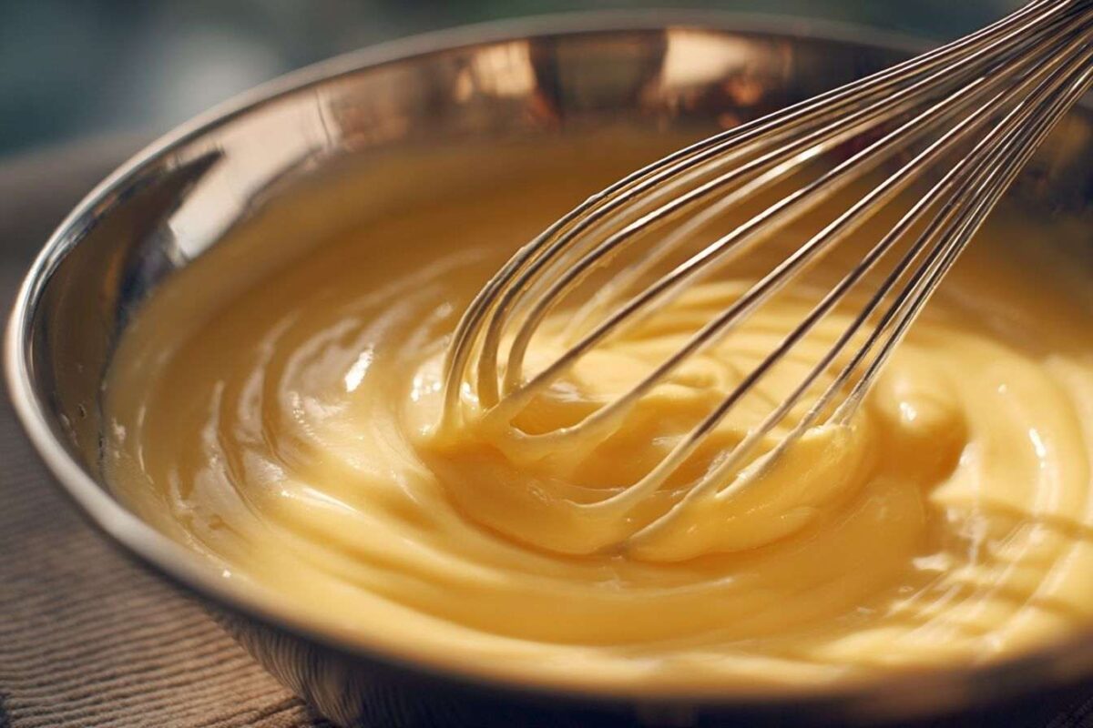 Gros plan d un fouet mélangeant une sauce hollandaise riche et beurrée