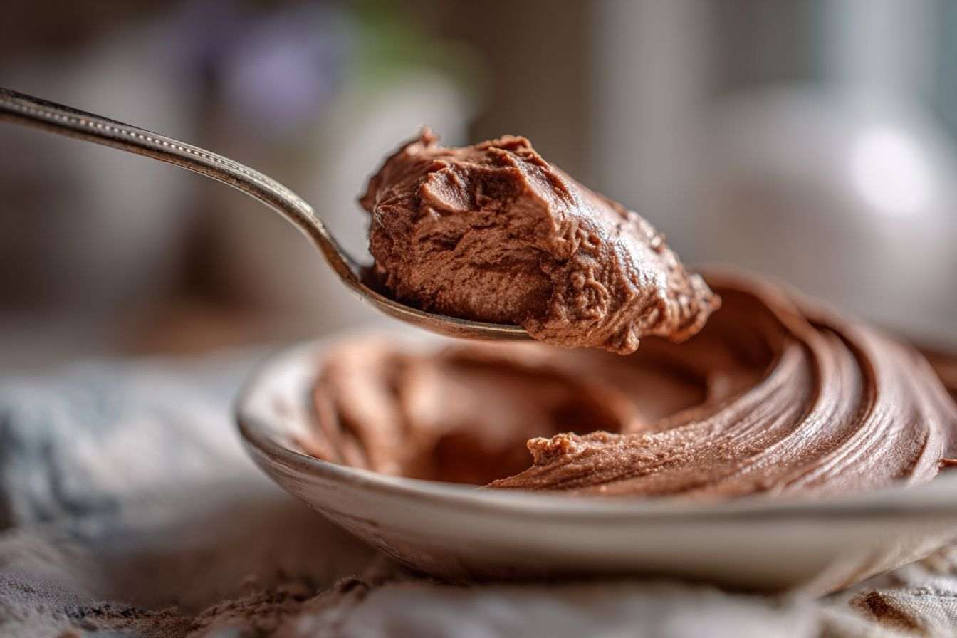 Gros plan d une cuillère plongeant dans une mousse au chocolat soyeuse
