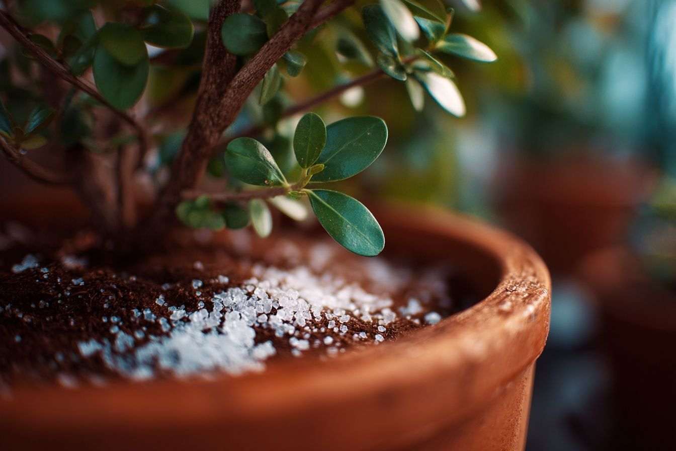 Gros plan d une plante en pot avec bicarbonate de soude