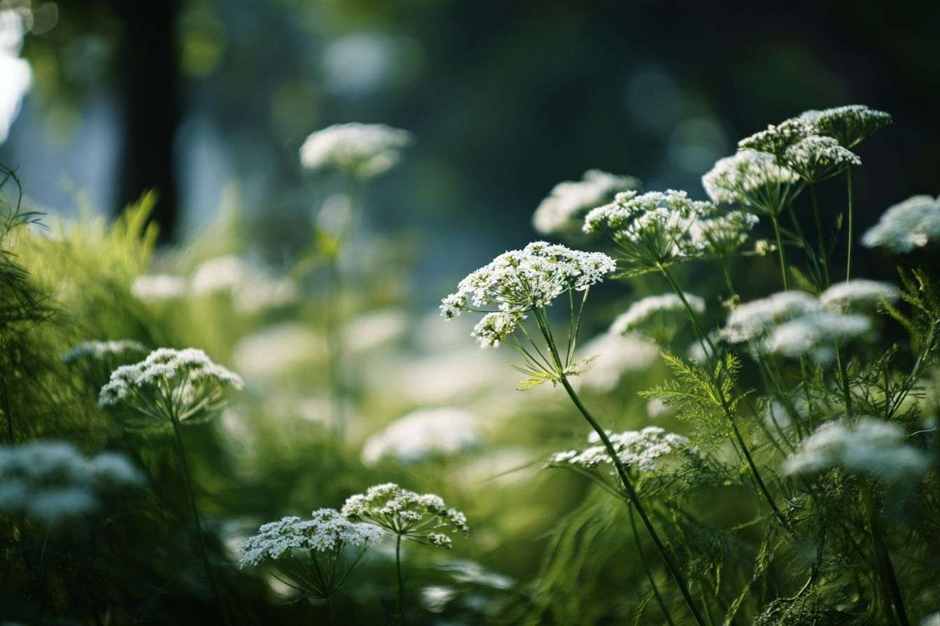 Jardin ensoleillé avec pimpinella anisum